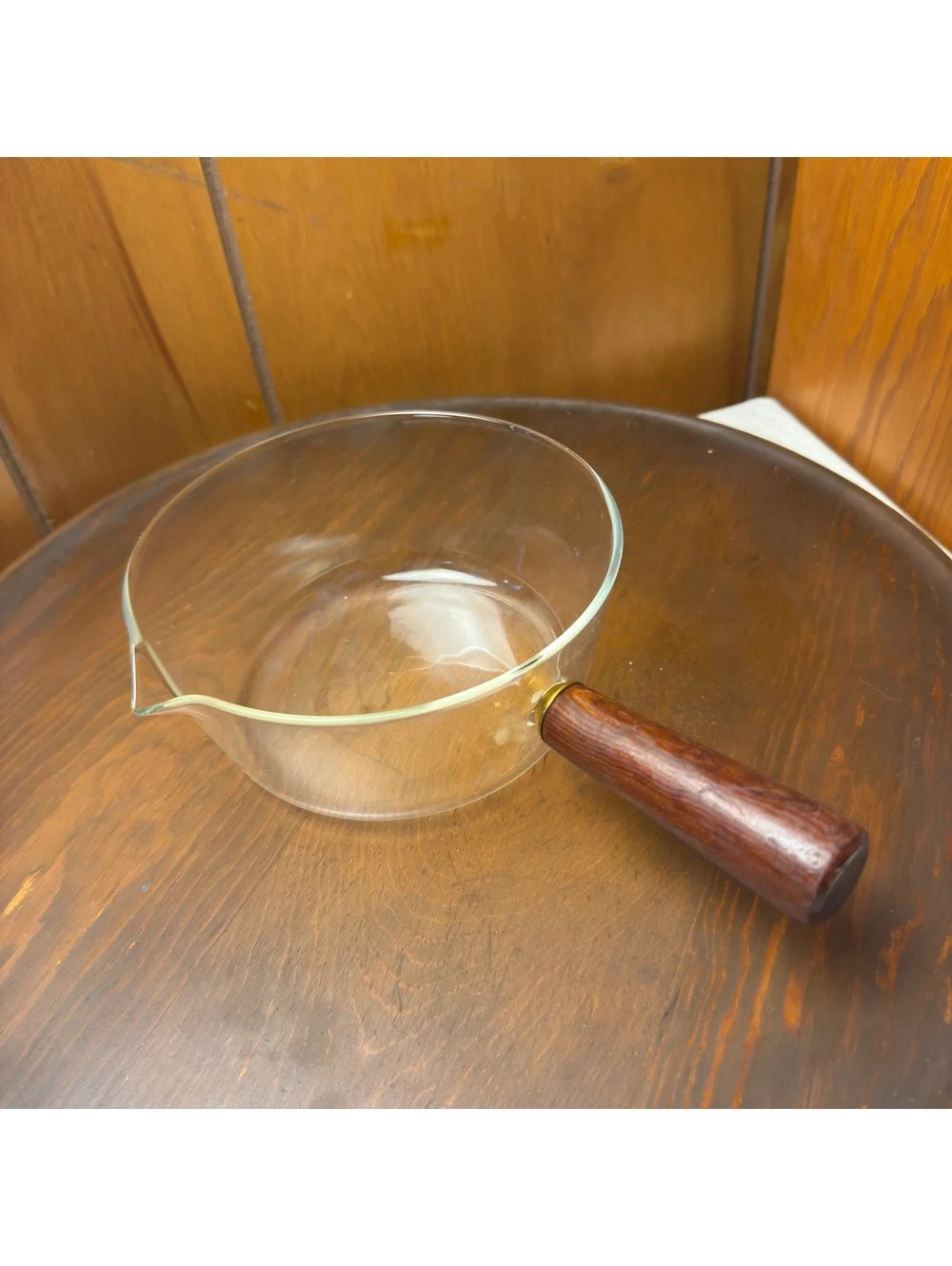 Clear Glass Saucepan With Wood Handle 6 Inch Pour Spout Vintage Style